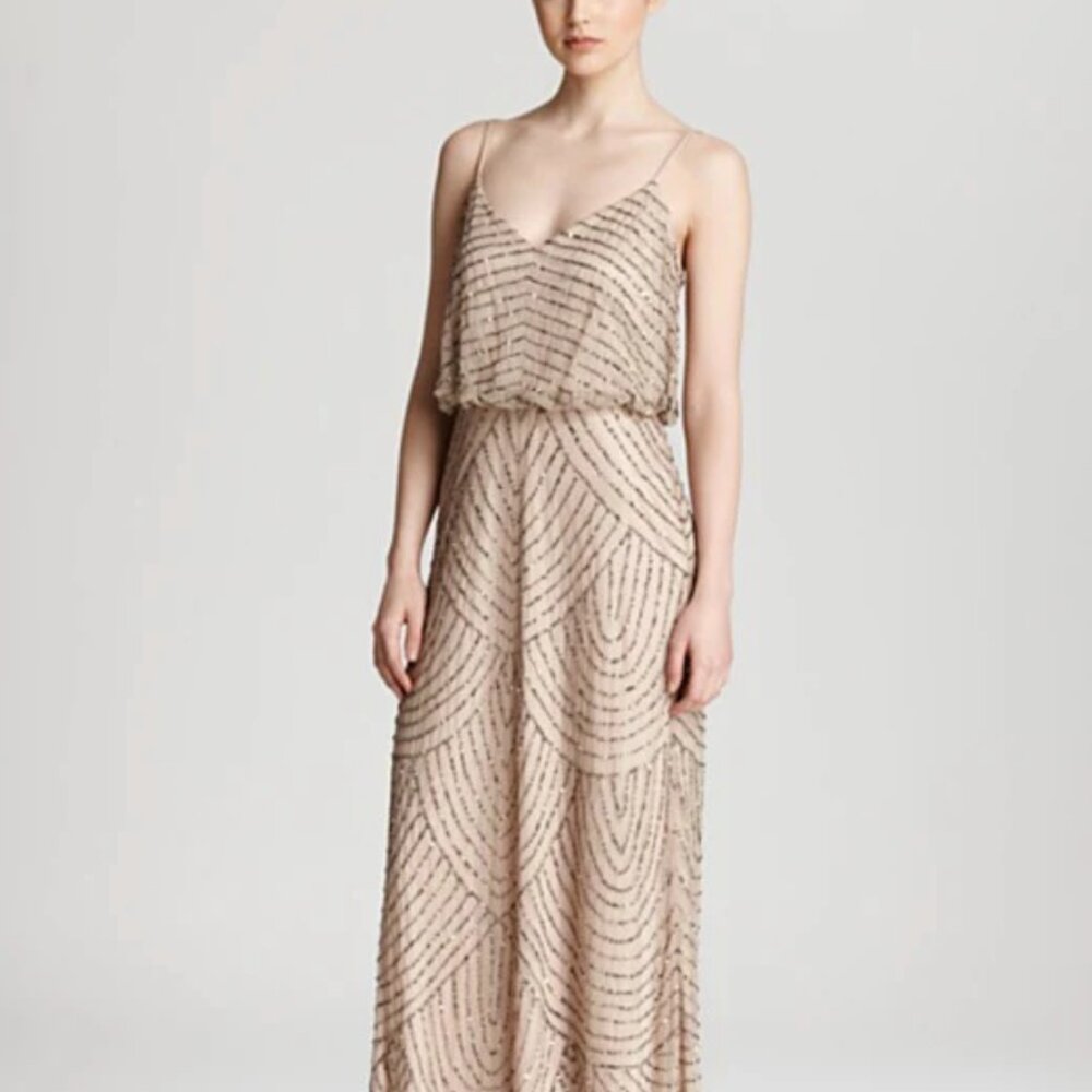 Adrianna Papell Beige Blouson Maxi Cocktail Wedding Formal Dress Beaded 4